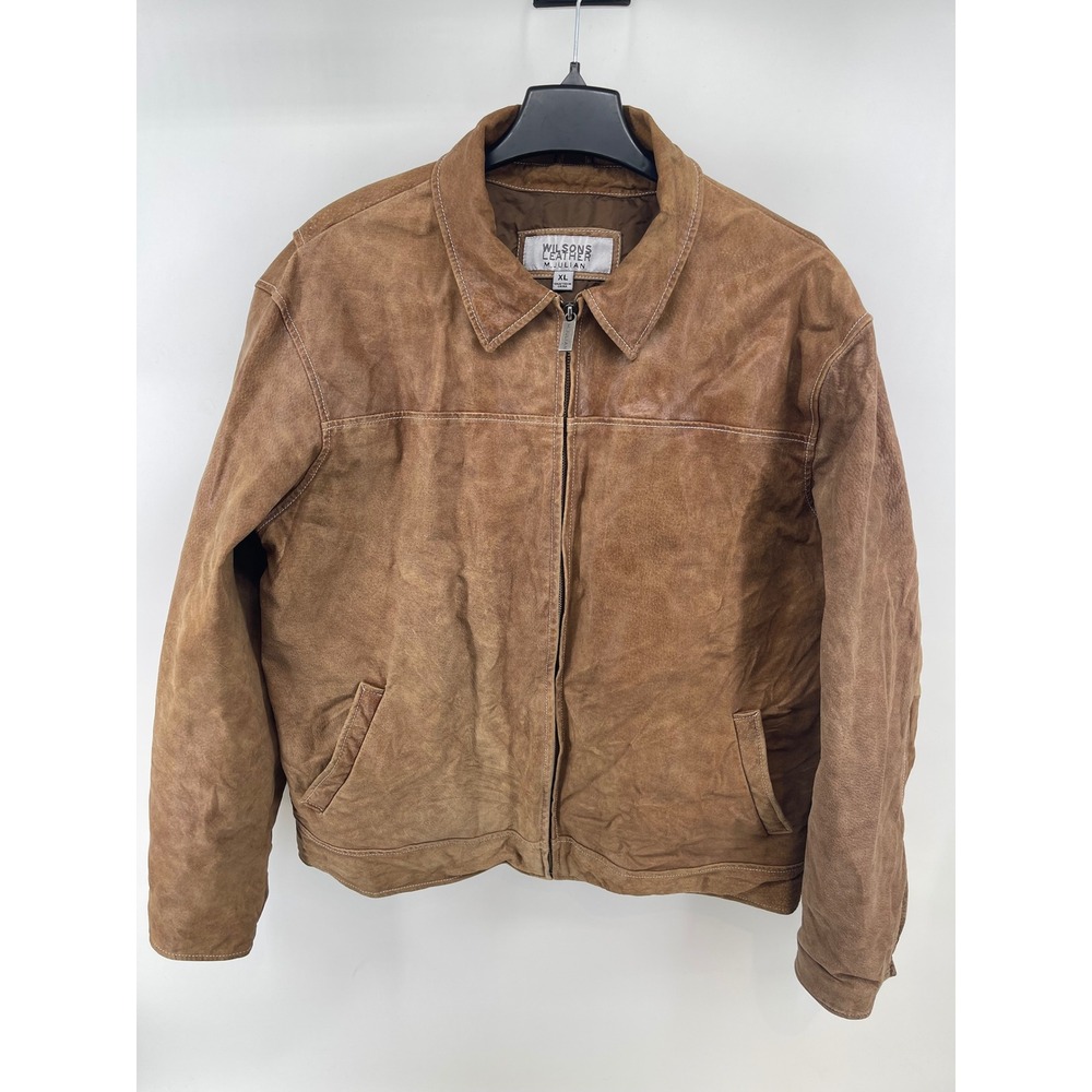 Wilsons Leather M Julian Mens XL Tan Suede Full Zip Bomber Jacket Brown Coat